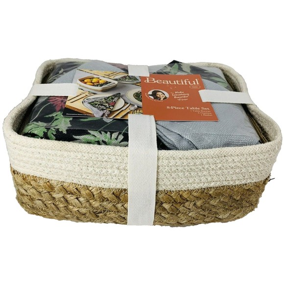 Drew Barrymore Table Runner 6 Napkins Basket Beautiful Gray + Floral 8-Piece Set - Picture 2 of 16